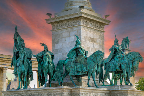 Saint Stephen bronse statue at Fisherman Bastion fortress in Budapest at sunny day