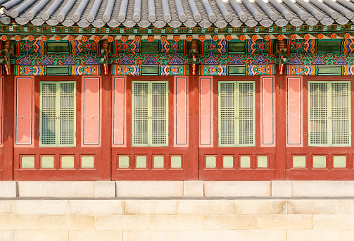 Colorful exterior of a pavilion in the park of Changdeokgung palace in Seoul, South Korea, Asia