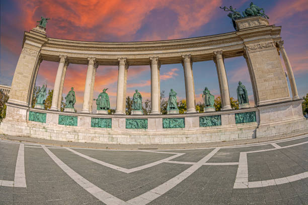Statues in Heroes' Square, Budapest, Hungary, organized around the esplanade of the Millennium Monument, built to celebrate 1000 years since the settlement of the Hungarians in the Pannonian Plain.