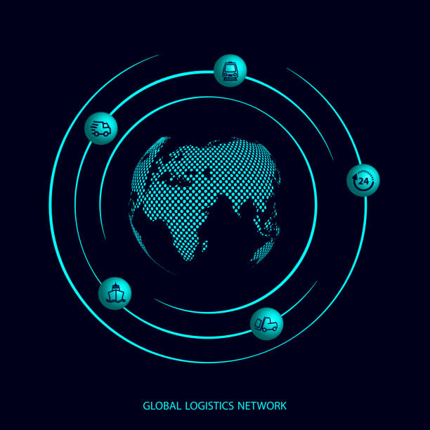 illustrations, cliparts, dessins animés et icônes de réseau logistique mondial. cartographiez la connexion au partenariat logistique mondial. planète terre et icônes logistiques sous forme de satellites ou de conception de votre site web, logo, application, interface utilisateur. eps10. - business global business merger globe