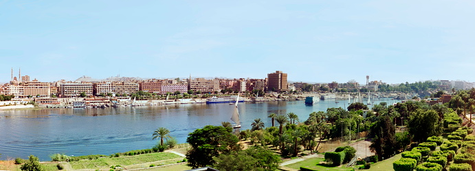 Panoramic view over Aswan at sunset. The image were scanned from old negative taken 19.03.1996.