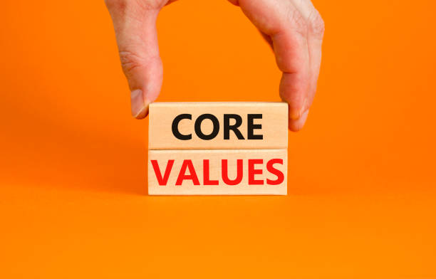 istock Core values symbol. Concept words Core values on wooden blocks on a beautiful orange table orange background. Businessman hand. Business value and core values concept, copy space. 1439269552