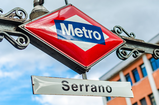 Madrid, Spain - May 12, 2021: Madrid metro sign at Serrano subway station