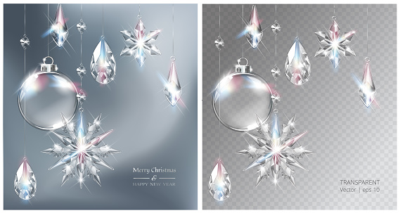 Vector Christmas background with realistic transparent glass balls, snowflakes and decoration. Glass sphere and sparkling translucent crystals