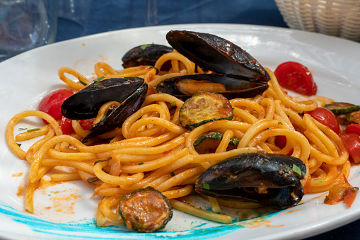 Spaghetti marinara with mussels cherry tomato, prawns, clams and shellfish.