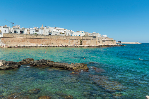 Monopoli coastal town in Bari province Apulia Italy  summer view of the walled town and beach.