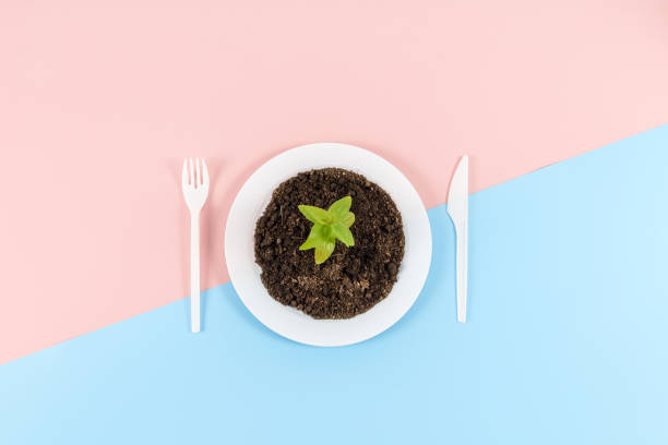 istock White plastic plate with black soil, a green sprout and a fork with a knife on a pink-blue background 1439277491