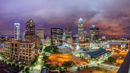 Charlotte, North Carolina, USA uptown skyline from above at dusk.
