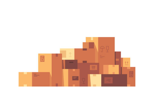 가정 또는 사무실 이동, 창고, 배송 및 판매를 위한 쌓인 상자가 있는 배경. - packaging freight transportation box moving office stock illustrations