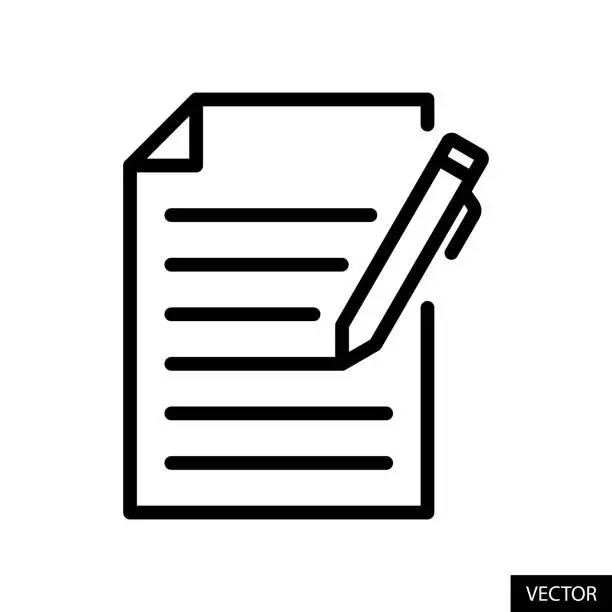 Vector illustration of Pen filling an application form, Apply vector icon in line style design isolated on white background. Editable stroke.