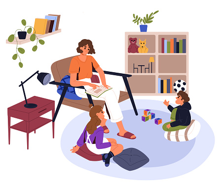 Mother, nurse, babysitting reading a boor to children. Daycare, babysitting. Family activity. Mom and kids. Flat vector illustration.