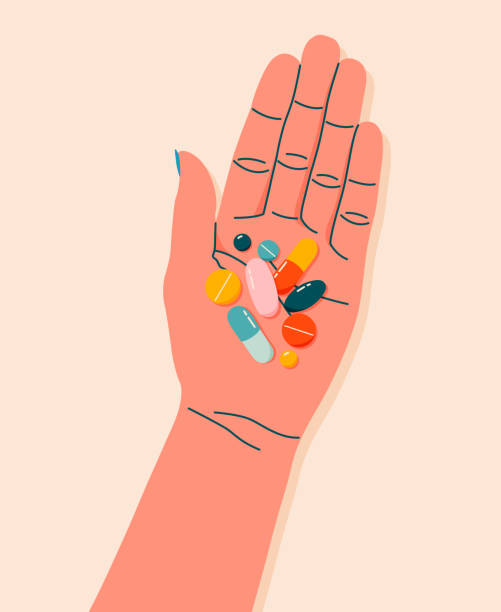 ilustraciones, imágenes clip art, dibujos animados e iconos de stock de píldoras coloridas, drogas, vitaminas en la mano de la mujer. - doctor isolated healthcare and medicine human hand