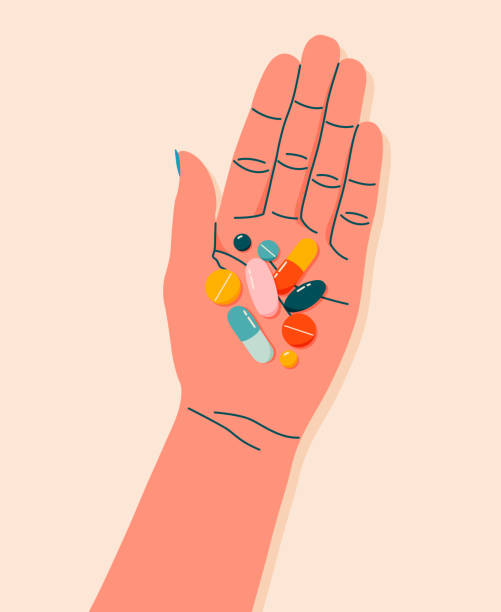 illustrazioni stock, clip art, cartoni animati e icone di tendenza di pillole colorate, droghe, vitamine nella mano della donna. - doctor isolated healthcare and medicine human hand