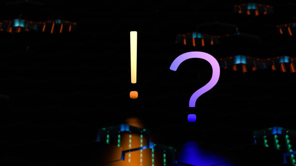 istock Question and exclamation mark symbol neon glowing in blur. 3D render. 1439286541