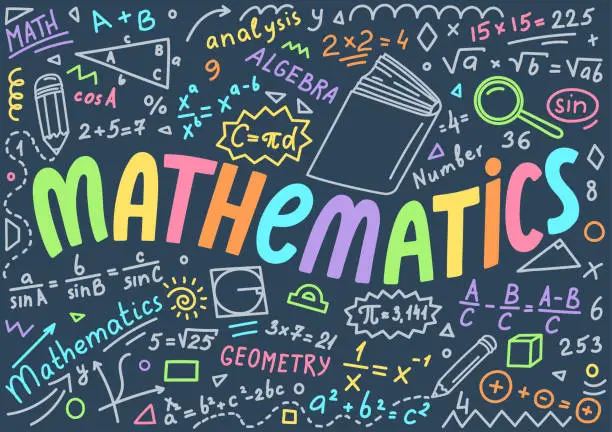 Vector illustration of Mathematics. Hand lettering with mathematical doodle.