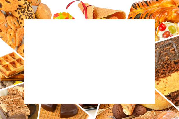 istock Collage of biscuits, cakes, chocolates and other sweets. Original frame with free space for text. 1439286851