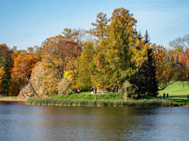 Catherine Park (Tsarskoye Selo). The Big Pond shore. stock photo