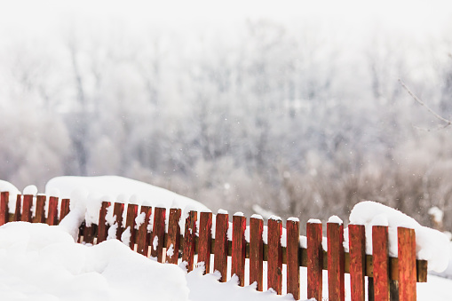 Snow on fence. Winter background. Copyspace. Weather. Climate
