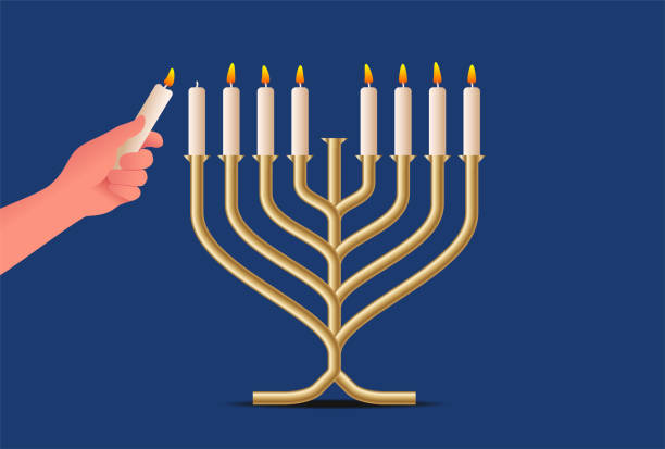 手は、ユダヤ教の光の祭典ハヌカのろうそくのメノラーを照らす、リアルな分離型ベクターイラスト - menorah hanukkah candle human hand点のイラスト素材／クリップアート素材／マンガ素材／アイコン素材