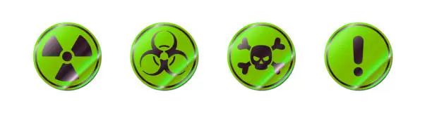 Vector illustration of Biohazard sign, radioactive symbol, skull icon and exclamation point, warning realistic green paper stickers vector illustration