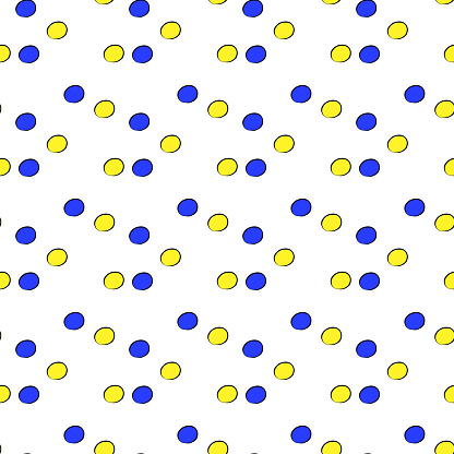 White surface with yellow-blue ornament. Vector seamless pattern. Background illustration, decorative design for fabric or paper. Drawing