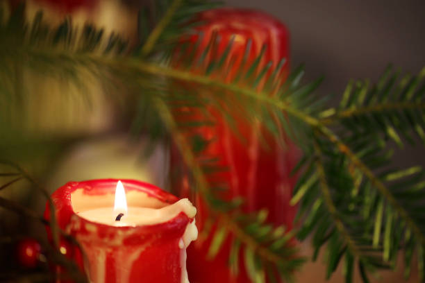 Red burning christmas candle near green christmas tree