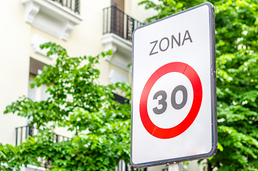 Speed limit sign at 30 km/h in Madrid, Spain