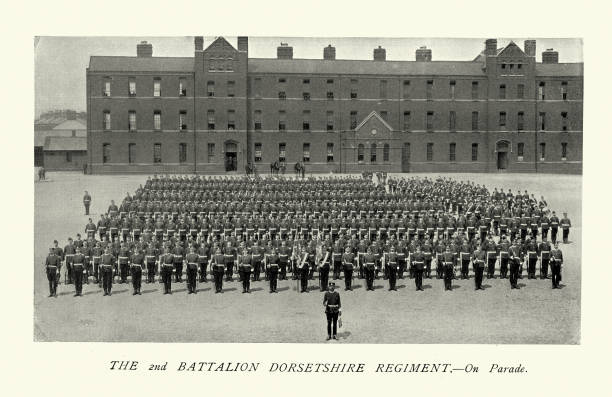 The 2nd Battalion Dorsetshire Regiment on parade, Victorian British army, 1890s, 19th Century Vintage illustration after a photograph The 2nd Battalion Dorsetshire Regiment on parade, Victorian British army, 1890s, 19th Century infantry stock illustrations