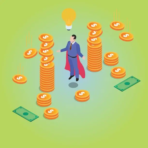 Vector illustration of Businessman wearing cape with idea attracting money isometric 3d