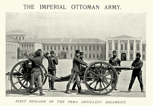 Vintage illustration after a photograph Imperial Ottoman army, first brigade of Pera Artillery Regiment, Turkish soldiers, Cannon, Military History, 1890s, 19th Century