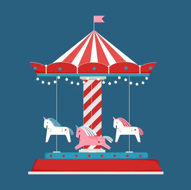 Vector illustration of Bright carousel on blue background. Vector illustration with rotating merry-go-round with unicorns.