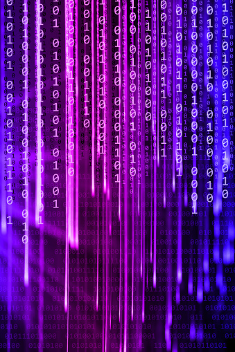 Binary code abstract background with glowing light rays