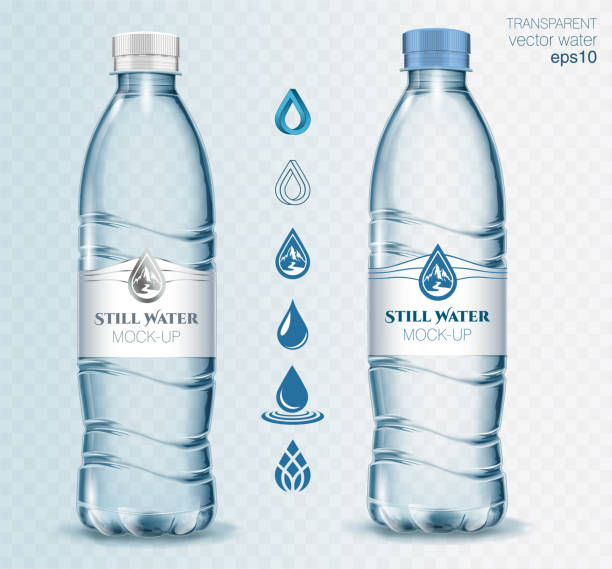 transparente vektor mineralwasser plastikflasche für ihre werbung mit sammlung von icons für ihr logo. realistische isolierte vektordarstellung - destilliertes wasser stock-grafiken, -clipart, -cartoons und -symbole