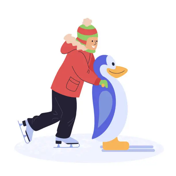 Vector illustration of Happy little boy skating on ice rink with support penguin outdoors in winter. Active kids wintertime holidays. Flat vector illustration isolated on white background