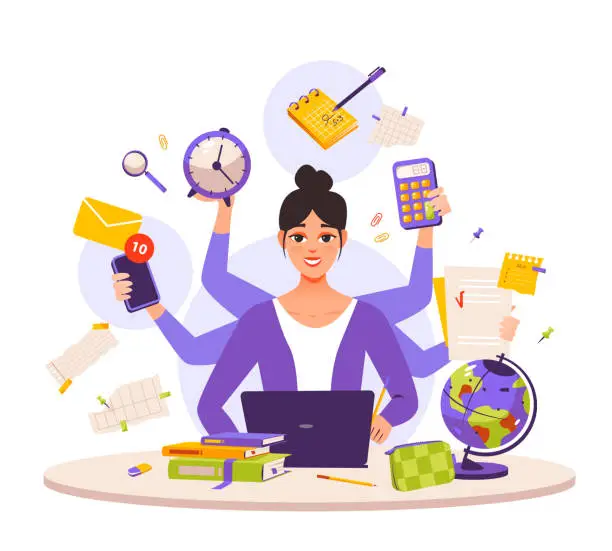 Vector illustration of Multitasking, personal productivity. A multitasking business woman at a laptop, busy working in the office. A busy girl who has a lot of hands to do multiple tasks at the same time. Freelance worker. Flat vector illustration