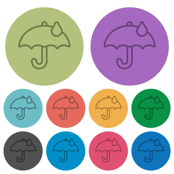 Umbrella with single raindrop outline color darker flat icons Umbrella with single raindrop outline darker flat icons on color round background aegis stock illustrations