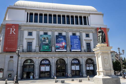 Street view of City Hall at Plaça de Sant Jaume in the Gothic Quarter of Barcelona, Spain. People walking by.