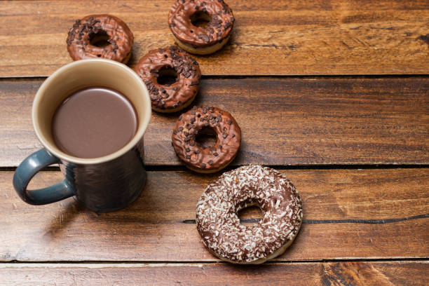istock Various chocolate donuts and chocolate milk cup 1439308479