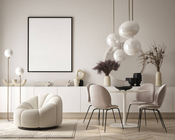 istock mock up poster frame in modern interior background, interior space, living room, Contemporary style, 3D render, 3D illustration 1439314239