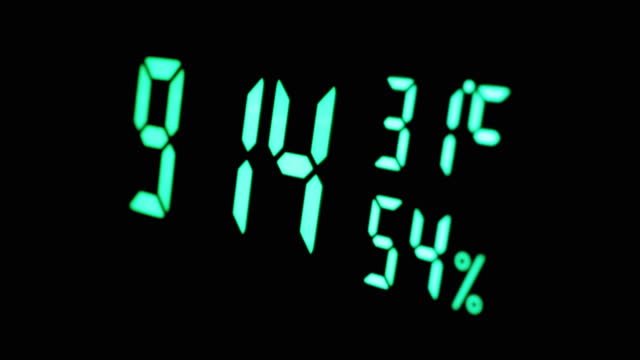 Digital Clock Showing Time on Green Display 9:14 AM, Temperature, Air Humidity