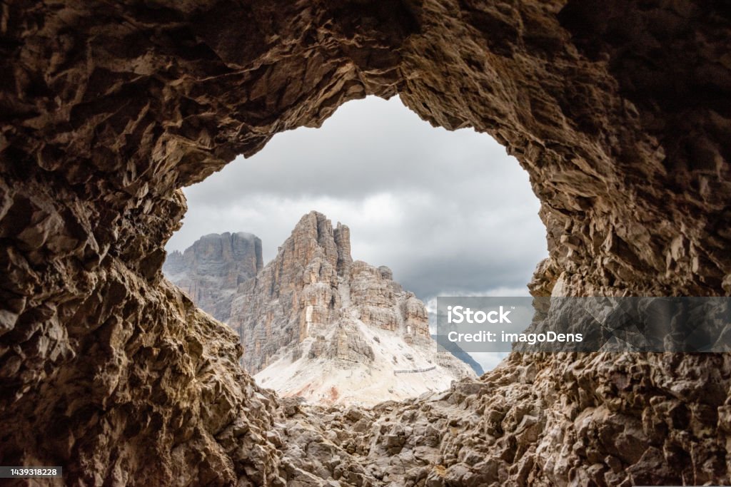 View out of a loophole of the Mount Lagazuoi tunnels, built during the First World War, Dolomite Alps in South Tirol View out of a loophole of the Mount Lagazuoi tunnels, built during the First World War, the Dolomite Alps in South Tirol 1915 Stock Photo