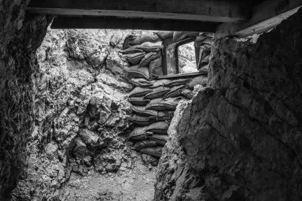 Old trenches and barbed wire at the Mount Lagazuoi fortification, built during the First World War, autonomous province of South Tirol