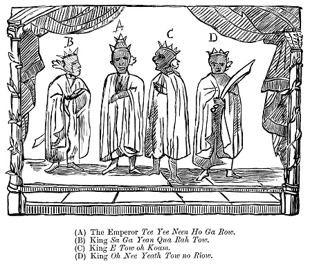 Four actors represent the Four Indian Kings from America, three Mohawk chiefs from one of the Five Nations of the Iroquois Confederacy and a Mahican of the Algonquian peoples. They visited Queen Anne in London, England in 1710 to discuss the French-Indian War against the British. Illustration published in  1868. Source: Original edition is from my own archives. Copyright expired; artwork is in Public Domain.