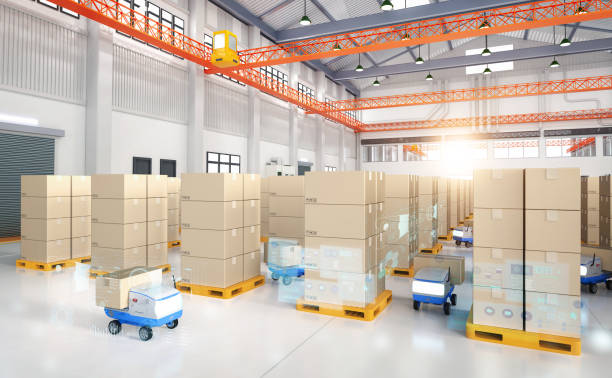 istock Automation warehouse with delivery robots carry boxes 1439326435