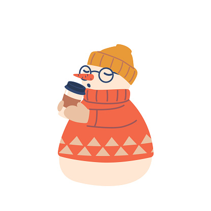 Cute Snowman Character Wear Sweater, Knit Hat and Glasses Drinking Cocoa, Funny Winter Personages with Hot Beverage Isolated on White Background. Cartoon Vector Illustration