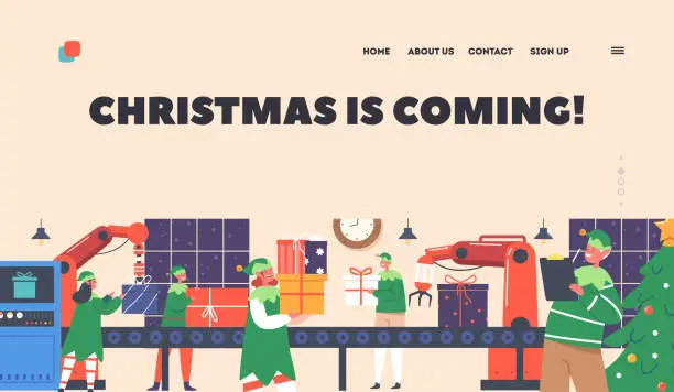 Vector illustration of Christmas is Coming Landing Page Template. Santa Claus Factory Workflow. Elf Team Making Gift On Machinery Line