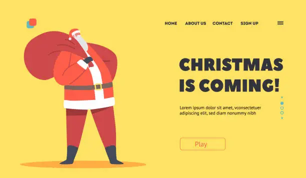 Vector illustration of Christmas is Coming Landing Page Template. Fat Santa Claus Character in Traditional Costume Carry Gift Sack