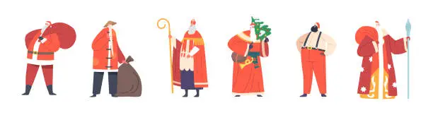 Vector illustration of Set of Santa Claus in Traditional Costumes of Different Countries. Xmas Holidays Personages with Gifts Illustration