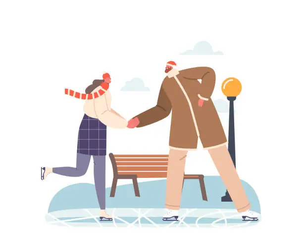 Vector illustration of Happy Couple Skate at City Ice Rink, Outdoor Activities at Winter Park. Christmas Leisure, Family Holidays Spare Time