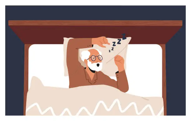 Vector illustration of Old Man Snore Lying In Bad Top View. Senior Male Character Sleep Apnea And Respiratory Disease, Grandfather Loud Noise